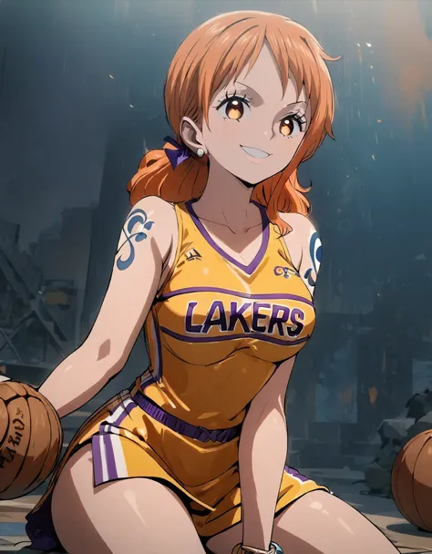 1girl, female focus, nami (one piece), sitting on floor, lakers jersey, yellow jersey, medium shot, glowing, glowing eyes, jersey, basketball player, solo, smile, orange hair, (masterpiece), best quality, very aesthetic, perfect face