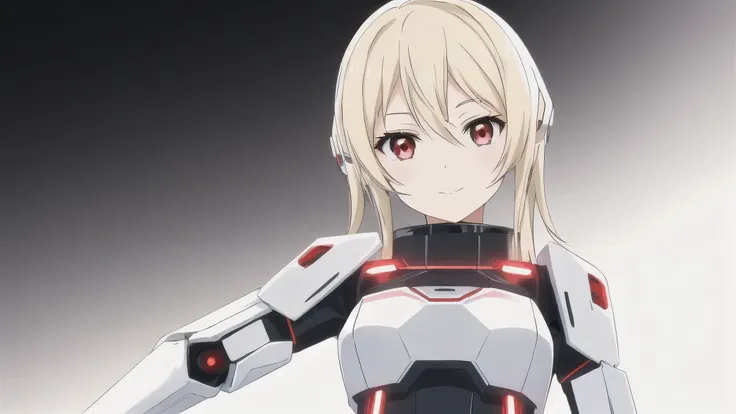 anime girl with blonde hair and red eyes in a white and black suit, cute cyborg girl, vollrobotergesteuert!! girl, girl in mecha cyber armor, Anime-Manga-Roboter!! anime girl, android heroine, portrait anime space cadet girl, Anime-Cyborg, anime girl of th...