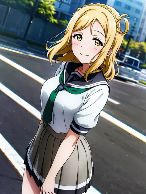 masterpiece, best quality, (1girl:1.2), solo, medium breasts, ohara mari, hair rings, blonde hair, yellow eyes, crown braid, med...