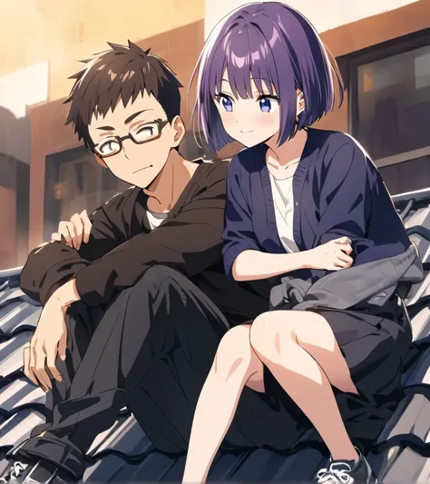 Anime. a guy and a girl 18 years old are sitting on the roof. the girl has purple hair, a short wolfcut haircut and glasses, black clothes. the guy has brown hair and glasses. 