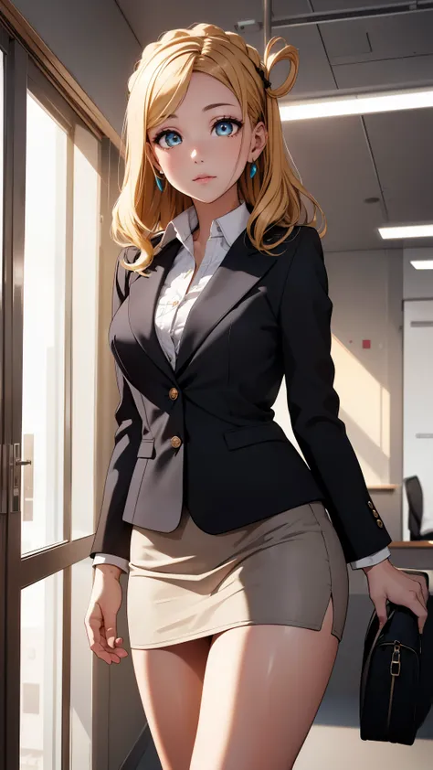 medium breasts, ohara mari, hair rings, blonde hair, yellow eyes, crown braid, medium hair,
BREAK (business suit, dress shirt, earrings, formal, high heels, jacket, miniskirt, office lady, open collar, pencil skirt, shirt, skirt, suit:1.2),
BREAK indoors, ...