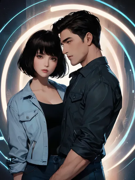 An image of a close-up of the upper body.A handsome man and a beautiful woman. Twenties. The man has short black hair. The woman has dark brown hair. He is wearing a jacket and jeans. A portal emitting a bluish-white light appears in the space behind the t...