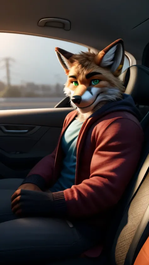 An 18 year old muscular teenage Fox male fursuit alone in the car and wearing a random outfit looking at the viewer and green eyes