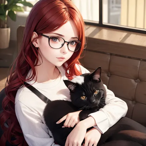 girl with wavy red hair, with round black glasses and black eyes holding a calico cat