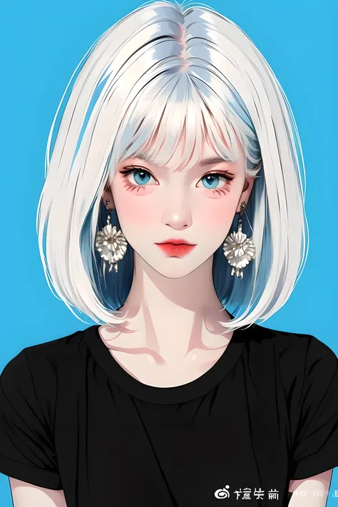 1 cute girl,colorful hair,straight_hair,short hair,hair wings,hoop_earrings,blue eyes,black short sleeve T-shirts,solid color background, cold expression, simple background, minimalist, evil smile, facing the camera, looking at the audience