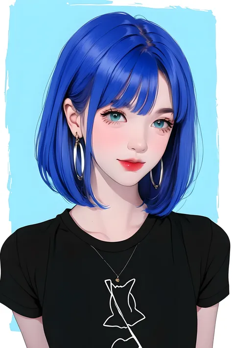 1 cute girl,colorful hair,straight_hair,short hair,hair wings,hoop_earrings,blue eyes,black short sleeve T-shirts,solid color background, cold expression, simple background, minimalist, evil smile, facing the camera, looking at the audience