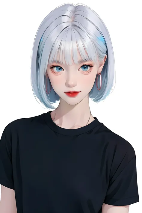 1 cute girl,colorful hair,straight_hair,short hair,hair wings,hoop_earrings,blue eyes,black short sleeve t-shirts,solid color ba...