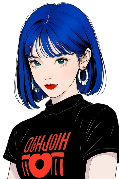 1 cute girl,colorful hair,straight_hair,short hair,hair wings,hoop_earrings,blue eyes,black short sleeve t-shirts,solid color ba...