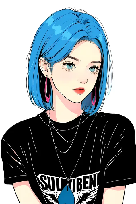 1 cute girl,colorful hair,straight_hair,short hair,hair wings,hoop_earrings,blue eyes,black short sleeve t-shirts,solid color ba...