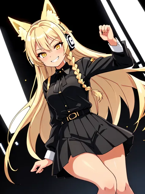 A tan girl, yellow eyes, small breasts, blonde braided hair, blonde fox ears, wearing white button up shirt, black tie, black skirt, black combat boots, grinning, thick thighs with headphones animating an event with music