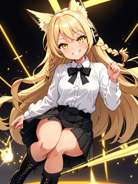 a tan girl, yellow eyes, small breasts, blonde braided hair, blonde fox ears, wearing white button up shirt, black tie, black sk...