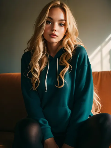 professional portrait photo of a gorgeous Norwegian girl in loungewear with long wavy blonde hair, sultry flirty look, gorgeous symmetrical face, cute natural makeup, sitting on the couch in black leggings and an oversized hoodie