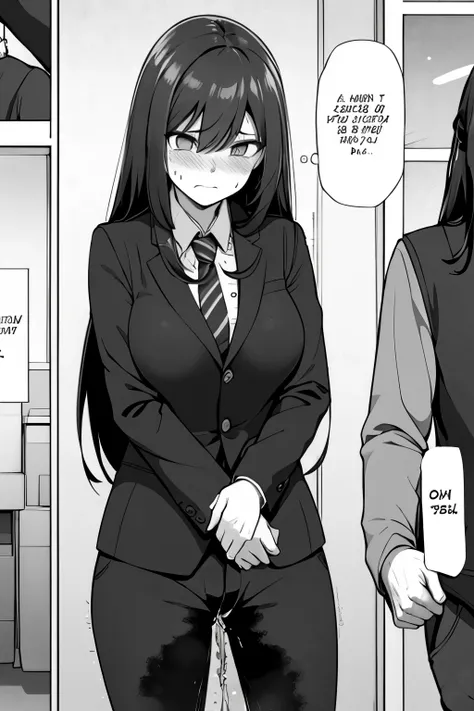 A woman with very long (black hair:1.5), wearing a business outfit consisting of a suit and tight pants, stands in a (monochrome:1.25) setting. The artwork is inspired by manga and incorporates a doujin style. The woman appears to be (wetting herself:1.5),...