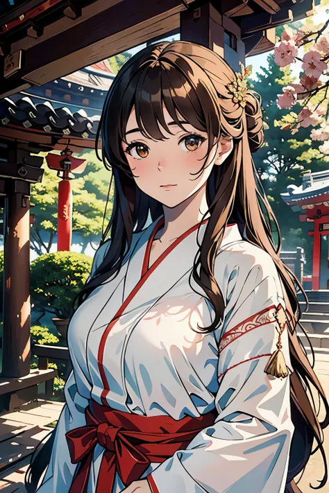 excellent depth of field bring out the textures of the shrines surroundings, with the shadows adding depth and dimension to the image. The maidens long, wavy brown hair cascades down her shoulders, framing her face and adding to the overall ethereal atmosp...