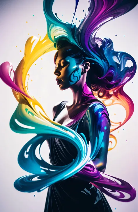 photograph, cinematic color grading, singer made of sparkling multicolor swirling ink