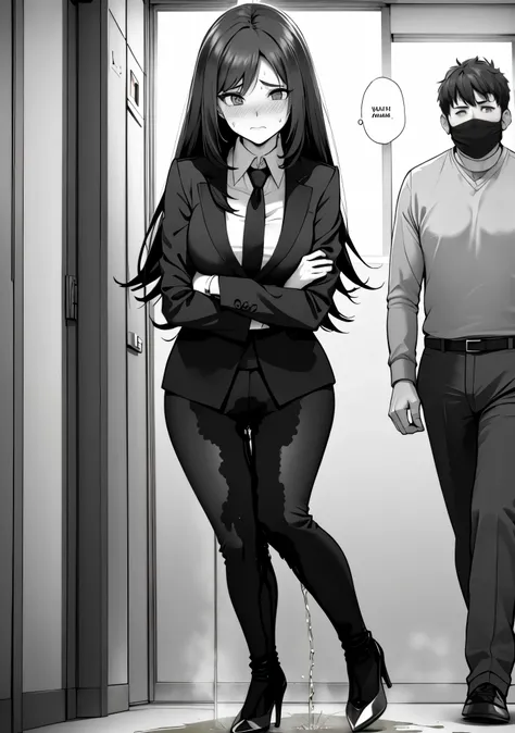 A woman with very long (black hair:1.5), wearing a business outfit consisting of a suit and tight pants, stands in a (monochrome:1.25) setting. The artwork is inspired by manga and incorporates a doujin style. The woman appears to be (wetting herself:1.5),...