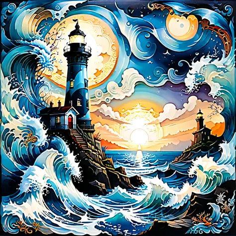 A two-layer painting with the effect of surreal volume by superimposing layers with different styles, a surreal grotesque image ((Blue Coast)) and (lonely lighthouse) at sunset on one layer surrounded by an elegant intricate patterned edging made by the se...