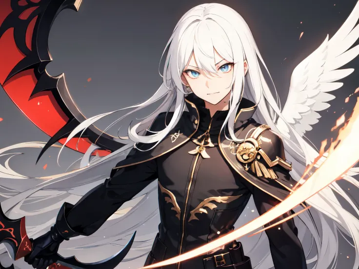 ((masterpiece)), ((expressive eyes)), high quality, high resolution, perfect anatomy, anime art style, ((male character)), white hair, super long hair, mixed haircut shag haircut and mullet haircut, with ((hetechromia eyes)), golden left eye, red right eye...