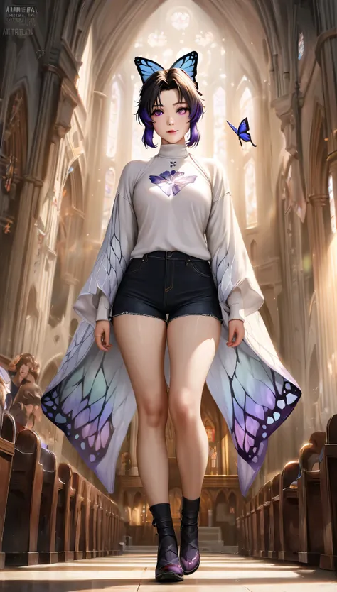 animetoreal,soft light, masterpiece, best quality,high quality,delicate face, realistic,1girl,full body, standing,Kochou Shinobu, Decorate your hair with a butterfly, violet eyes, multi-colored hair, Short hair, Parted bangs, Short shorts, skirt, turtlenec...