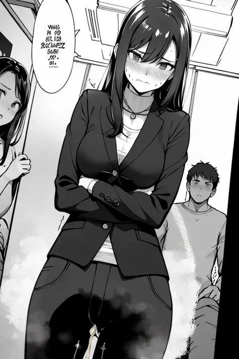 A woman with very long (black hair:1.5), wearing a business outfit consisting of a suit and tight pants, stands in a (monochrome:1.25) setting. The artwork is inspired by manga and incorporates a doujin style. The woman appears to be (wetting herself:1.5),...