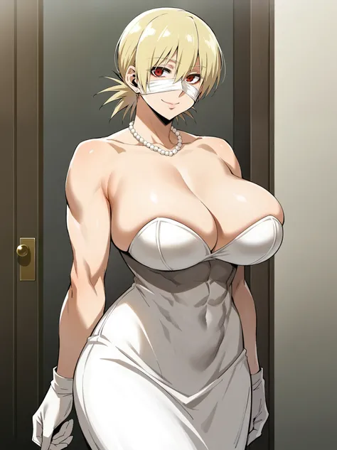 score_9, score_8_up, score_7_up, 1girl, looking at viewer, wedding gown, standing wedding, indoors, hellsing, blonde, red eyes, huge breasts, rating:safe, sfw, closeup, solo, abs, narrow waist, tiny waist, mature female, smile,  ikuchan, Masquerade mask