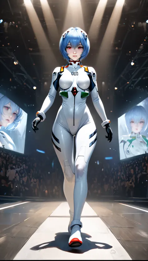 animetoreal,soft light, masterpiece, best quality,high quality,delicate face, realistic,1girl,full body, walking,Ayanami Rei,white bodysuit,red eyes,pilot suit,short hair,blue hair,bangs,interface headset,turtleneck,hair between eyes,on stage