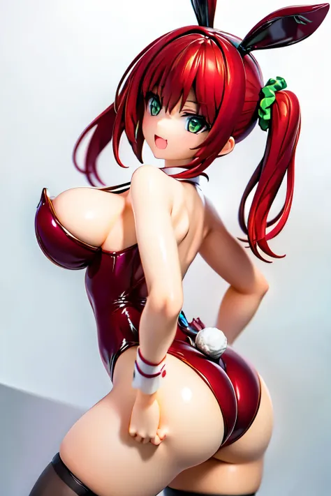 best quality, masterpiece, extremely detailed CG, official art , professional lighting, sakimiyairuka, (one side up), green scrunchie, hair ornament, red hair, green eyes, perfect face, shiny skin, playboy bunny, black pantyhose, bowtie, wrist cuffs, casin...