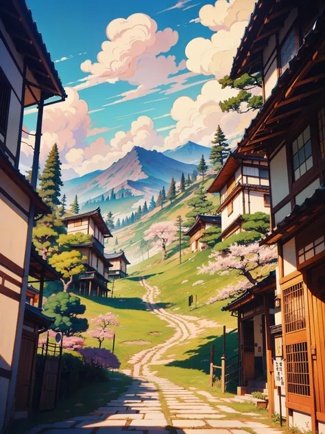 masterpiece, genshin impact mountain background, like a painting, Japan, Sakura, windy, beautiful, vibrant tones, thick lines, cozy tones, beautiful shiny sky, shade, shadow, ghibli style, outdoors, cozy atmosphere, micro landscape, intrinsic details