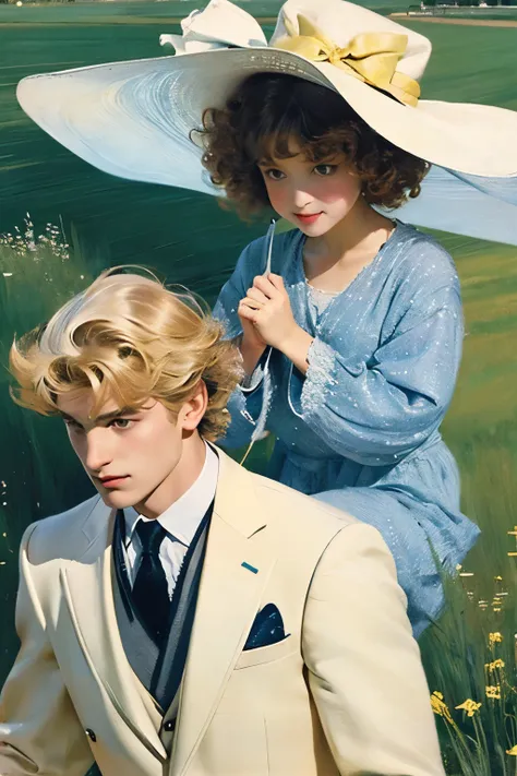 a greenish field with a curly-haired black girl with a big white bow on her back and a blond boy in a blue suit in front of her