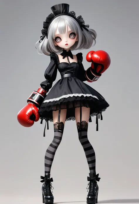 1 Girl，Robot，Unique，big eyes，Exquisite facial features，Dark eyeshadow，Weird makeup，Lace maid outfit，Silver hair，Thin waist，Extra long legs，Standing，upright，sock，shoe，Boxing gloves