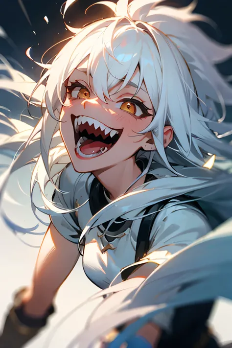 Androgynous, long hair, White hair, Gree eyes, Sharp teeth, laughing maniacally, mist