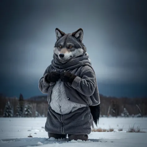 A cartoon wolf slowly growing fat while shivering is cold forever