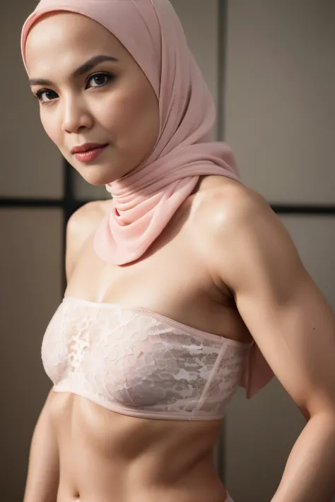 ((SHORT HIJAB)), ((Flat chest:1.7)), (dynamic photograph of a 58 year old Indonesian woman), (slim top, cotton panties), (straight non curly hair), (highly detailed face:1.4), (vascular muscles and abs:1.3), (background inside light, bright, private gym:1....