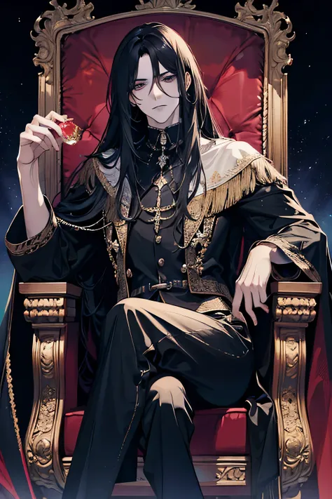 (absurdres, highres, ultra detailed), tall handsome muscular adult male with long black hair sitting in the devils throne, finely detailed eyes