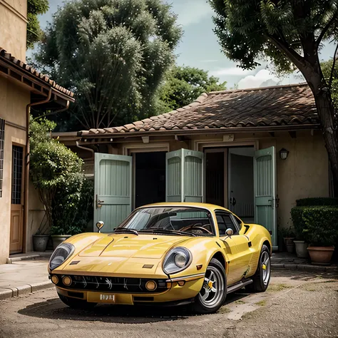 /imagine prompt: Ferrari Dino coupe 2 doors, 1963, yellow color, fhotorrealism,(((Ghibli style))), Spirited Away, Howls Moving Castle, dreamy colour palette,