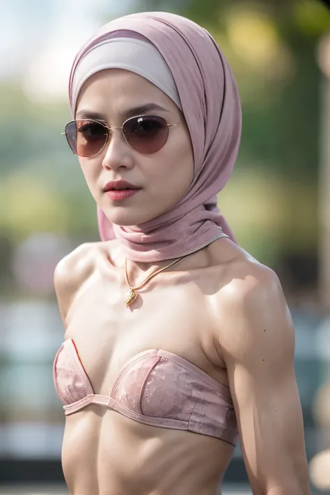 (((Sunglasses))), ((SHORT HIJAB)), ((Flat chest:1.7)), (dynamic photograph of a 58 year old Indonesian woman), (slim top, cotton panties), (straight non curly hair), (highly detailed face:1.4), (vascular muscles and abs:1.3), (background inside light, brig...