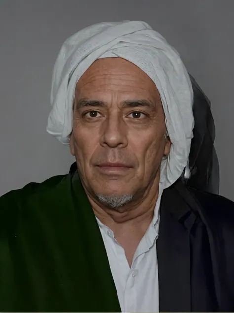 Make tbis photo a look realistic, there is a man with a white turban and wearing white shirt and black jacket and green scarf on right neck, 68 years old man, realistic potrait, perfect potrait, very detailed potrait, 8k UHD