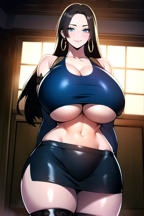 ultra realistic 8k cg, masterpiece, ((ultra detailed background,  intricate detail, highly detailed, fine details best quality, hyperdetailed face)), gigantic breasts ,beautiful lighting, absurdres, BoaHancockV2,  1girl, solo, black hair, long hair, jewelr...