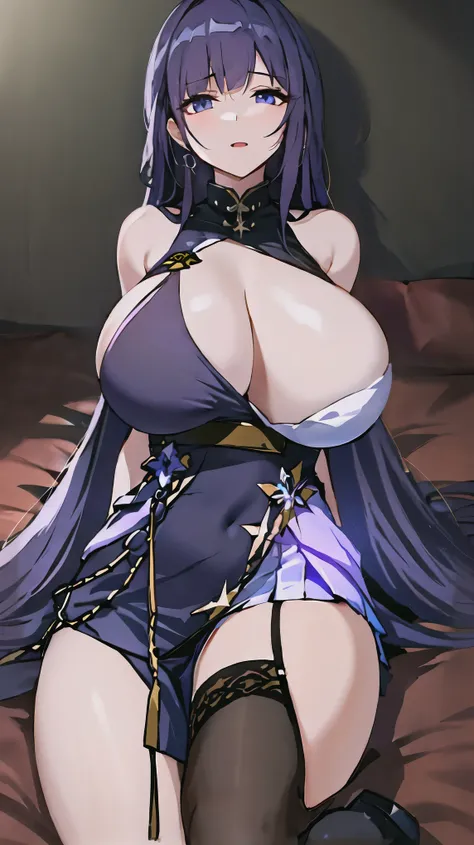 tmasterpiece,Best quality,extremely detaild CG unified 8k wallpapers, tmasterpiece, Best quality, CG, optics ,Raiden Mei (((Honkai Impact 3rd))),detail processing,((Purple pupil)),headgear, Purple long straight hair,((,MILF,A mature woman)),Huge breast,Int...