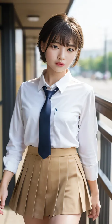 ((of the highest quality, 8K, masutepiece: 1.3)), Beauty, 1 Vietnam girl, Dark brown hair, 15 years old, , Blunt bangs, Lower ponytail, Face focus, Detailed face, Very detailed lips, Detailed eyes, Double eyelids, Sweaty skin: 1.2, (((school uniform, White...