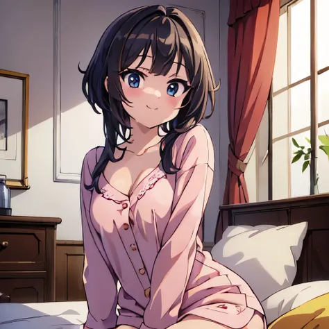 ((masterpiece)), ((best quality)), (ultra-detailed), anime style, on the bed, a cute girl, 1girl, solo, pajama00, ((beautiful eyes)), smile, beautiful black hair