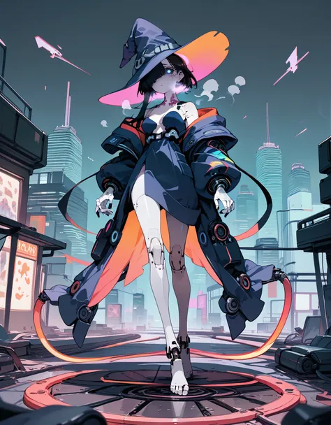 (score_10,score_9_up,score_8_up,score_7_up), hadrian, high colorful,a mechanisation cool girl in cyberpunk city,full body,covering one eye, robot joints, black hair,rainbow gradient,cleavage,eye trail,glowing eye, detailed realistic background,witch hat, w...