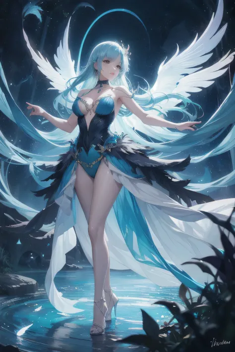 →Fantasy, Anime, Luminescence, High heels, Feathers, Night sky, Magical, Elegant, Mysterious, Flowing dress, Iridescent, Enchanting, Blue tones, Glamorous, Whimsical, Delicate, Graceful, Light effects, Dreamlike, Midjourney