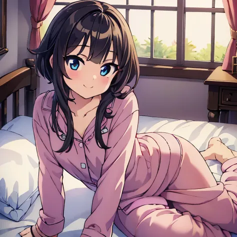 ((masterpiece)), ((best quality)), (ultra-detailed), anime style, on the bed, a cute girl, 1girl, solo, pajama00, ((beautiful eyes)), smile, beautiful black hair, underwear00