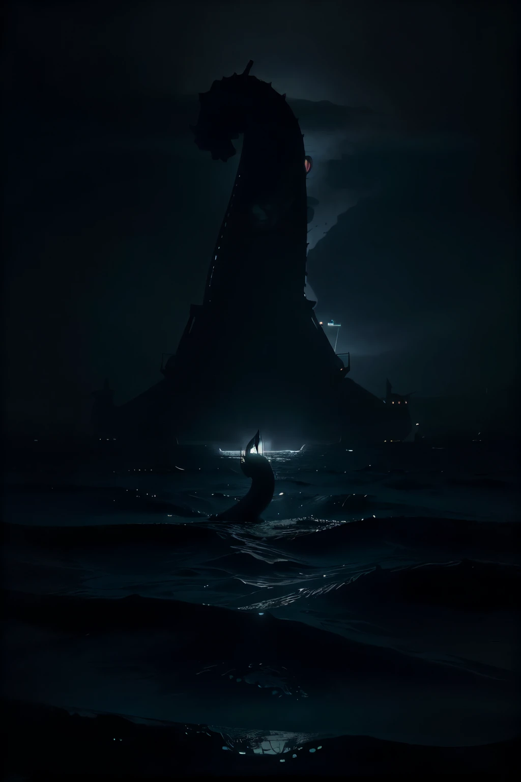 (silhouette of huge sea serpent:1.5),
(focus on large eye of huge sea serpent:1.3), (under dark sea:1.2), (very small silhouette of human:1.2),  (absurdres absolutely resolution:1.2), 
(perfect magnificent sea world:1.2),
(dark fantasy:1.2), (dark fantasy ...