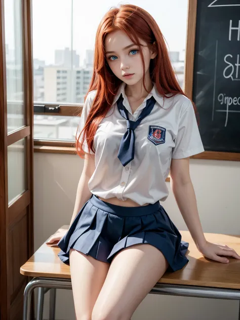 Hot girl, red hair, blue eyes, school clothes