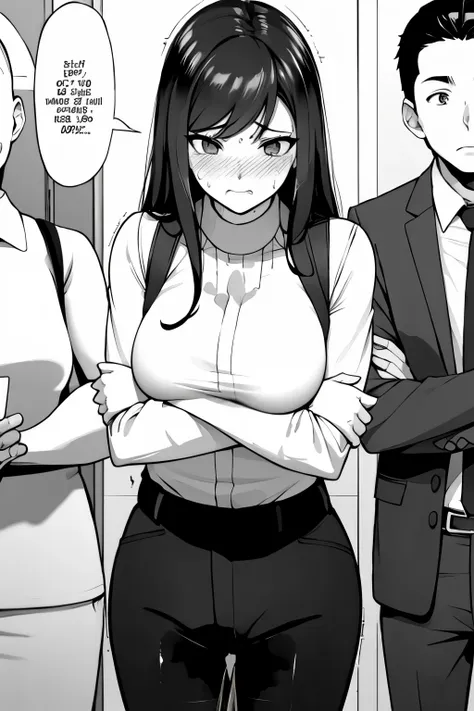 a woman with very long (black hair:1.5), wearing a business outfit consisting of a suit and tight pants, stands in a (monochrome...