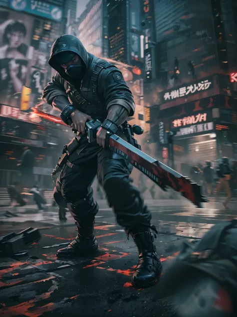 (high quality, 8k, 4K, high contrast, masterpiece: 1.2, 最high quality, best aesthetic), Shibuya crossing, post-apocalyptic, 1 man, focus, intense fight, fighting action pose, ((( Blur effect motion speed: 1.6))), destroyed Tokyo atmosphere, empty street sc...