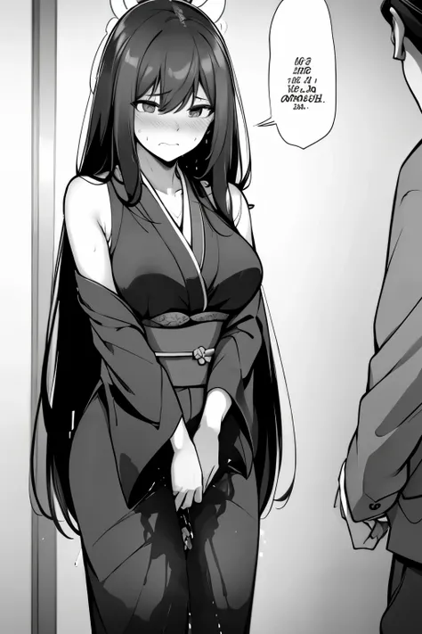 A woman with very long (black hair:1.5), wearing a floral-pattern kimono, stands in a (monochrome:1.25) setting. The artwork is inspired by manga and incorporates a doujin style. The woman appears to be (wetting herself:1.5), which causes her to feel embar...