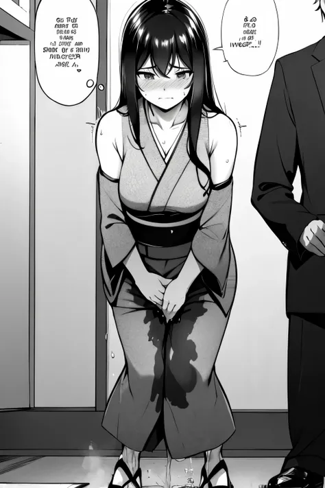 A woman with very long (black hair:1.5), wearing a floral-pattern kimono, stands in a (monochrome:1.25) setting. The artwork is inspired by manga and incorporates a doujin style. The woman appears to be (wetting herself:1.5), which causes her to feel embar...